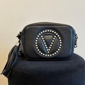 Valentino Pearl Studded Leather Crossbody Bag with Tassel Black